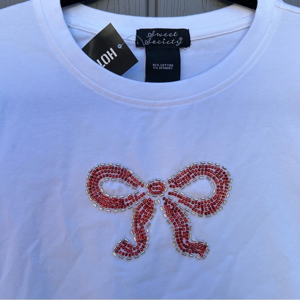 Hot Topic Secret Society Cropped Beaded Bow Tie T shirt Size Small Coquette - Picture 2 of 7